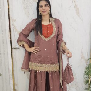 Partywear suit with handwork on chinnon fabric . Item code : 2264TA