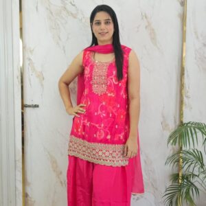 Elegant printed crape suit with intricate handwork, Item Code: 8299