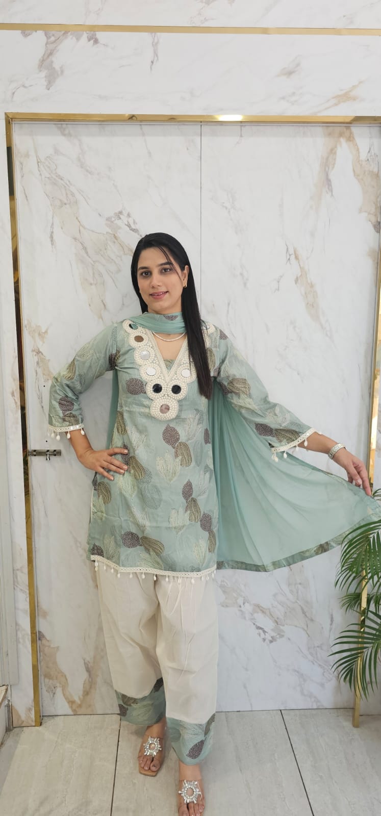 farshi suit with mirror work & Cotton Fabric . Item code : 3300G