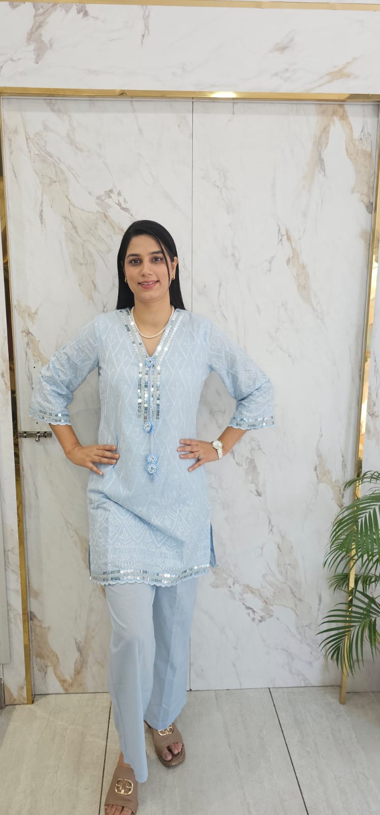 Pant palazzo cord set with sequins and embroidery & Fabric cotton . Item Code : 2296AA