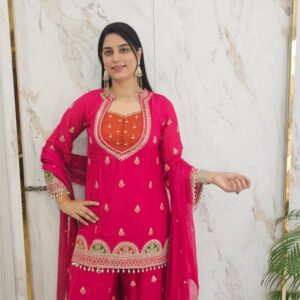 Partywear suit with chinnon fabric . Item code : 1299G