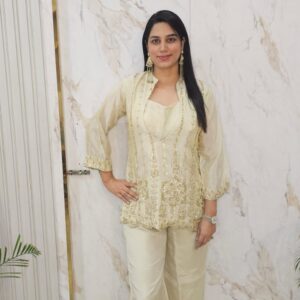 Shimmer tissue fabric with handwork on full set. Item code - 5260